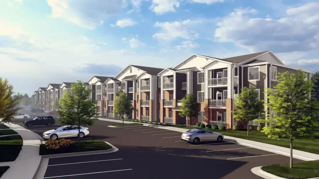 Exterior rendering of modern apartment homes in Gastonia, NC, showcasing high ceilings, private balconies, and a welcoming neighborhood streetscape.