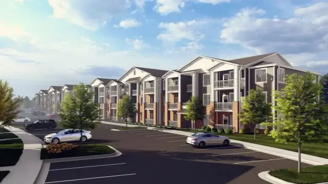 Exterior rendering of modern apartment homes in Gastonia, NC, showcasing high ceilings, private balconies, and a welcoming neighborhood streetscape.