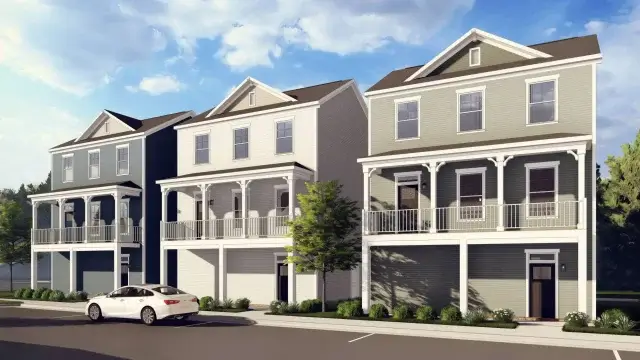 Architectural rendering of the cottage-style homes at Ivory on Long Creek in Gastonia, featuring charming streetscapes and green space.