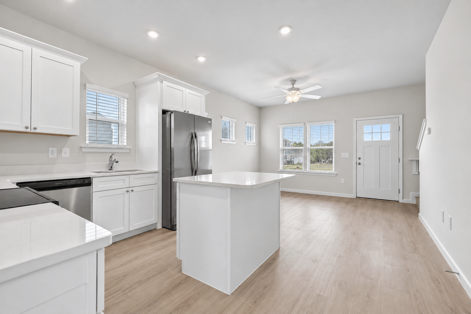 bright minimalist kitchen and living space