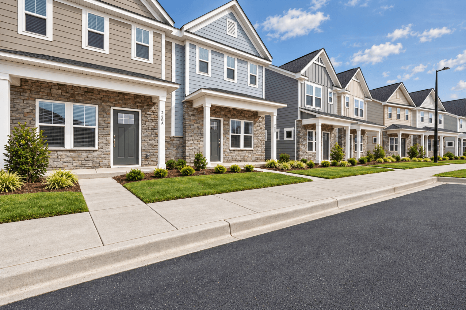 modern townhomes along a landscaped street