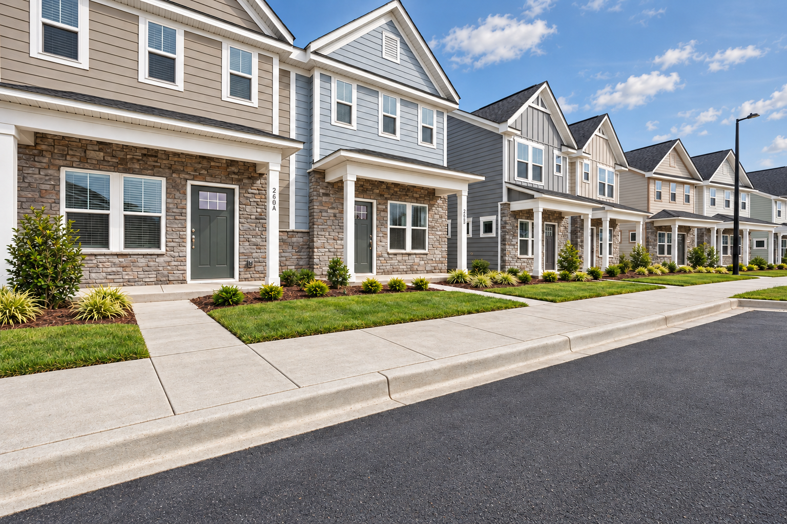 modern townhomes along a landscaped street